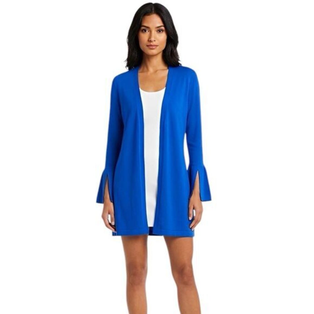 Talbots Womens Cardigan Knit Open Blue Sz Small Flared Slit Sleeve Colorful